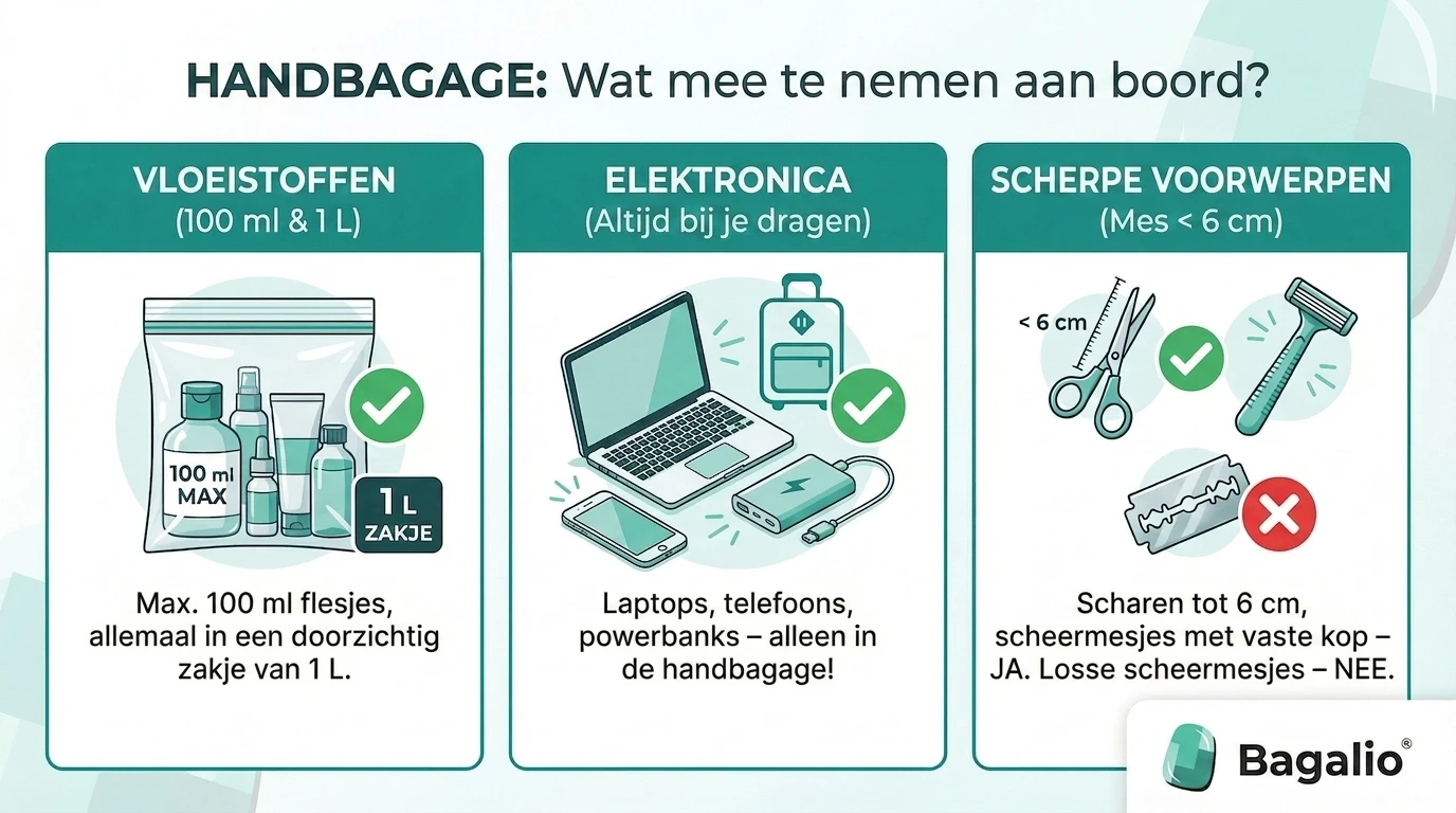 Infographic: wat mag mee aan boord van het vliegtuig – regels voor vloeistoffen, elektronica en scherpe voorwerpen in de handbagage.