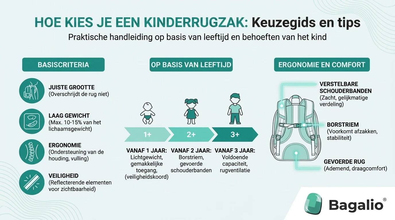 Infographic: hoe kies je een kinderrugzak op basis van leeftijd – formaat, gewicht en ergonomie