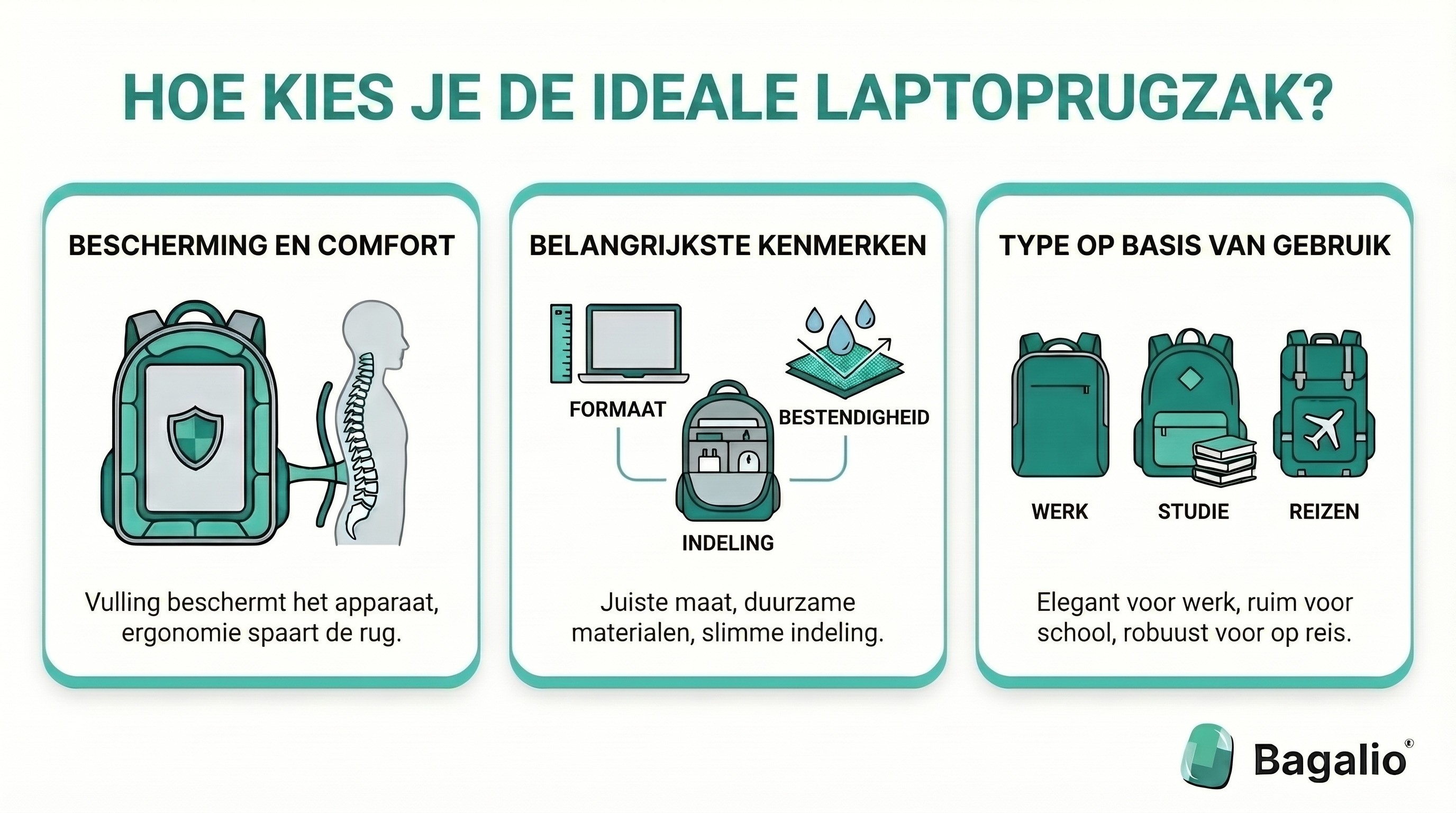 infographic: tips voor het kiezen van de juiste laptoprugzak op basis van laptopformaat, bescherming en indeling