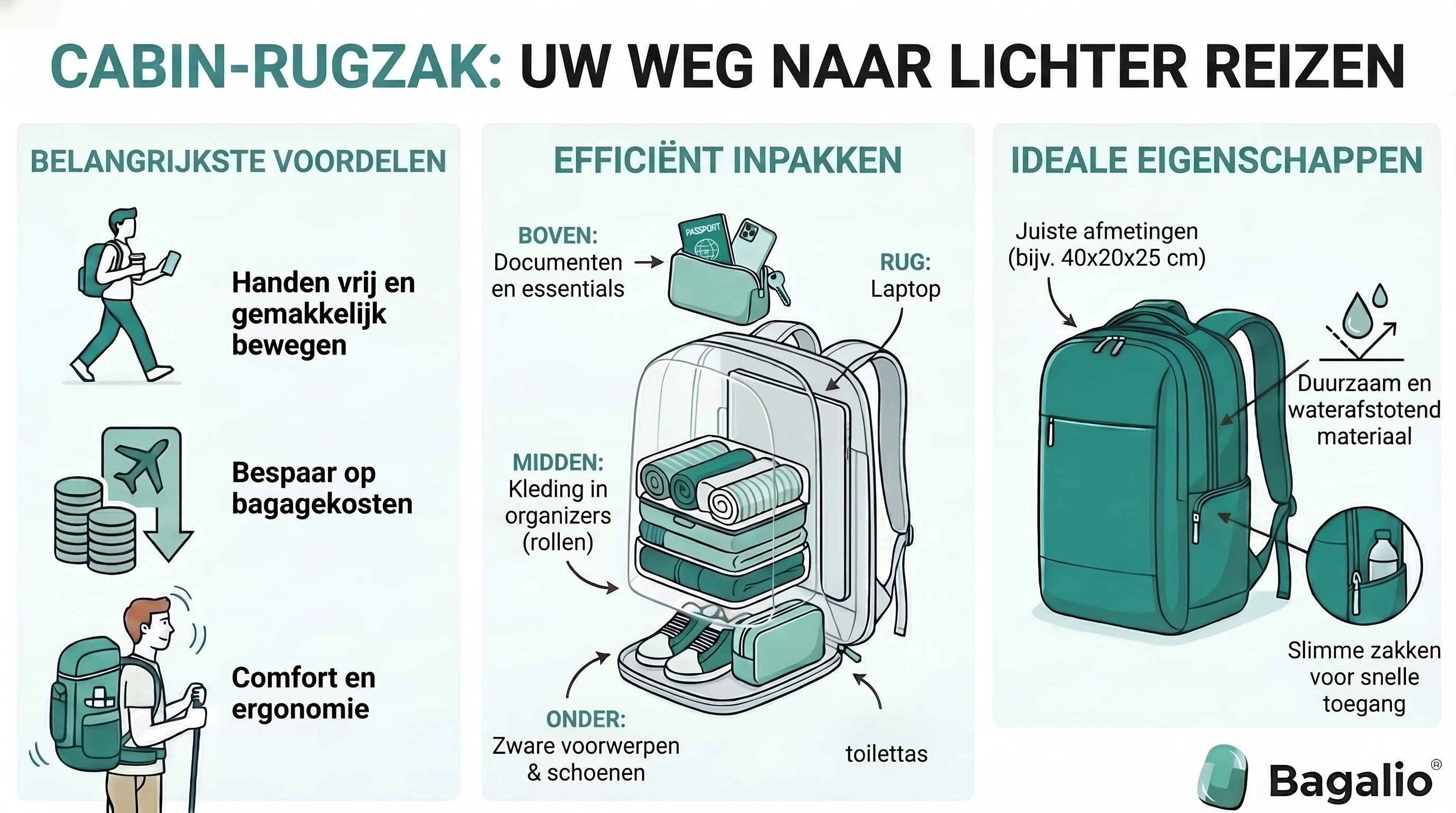 Infographic: handbagagerugzak als alternatief voor de koffer – voordelen, inpakken en afmetingen