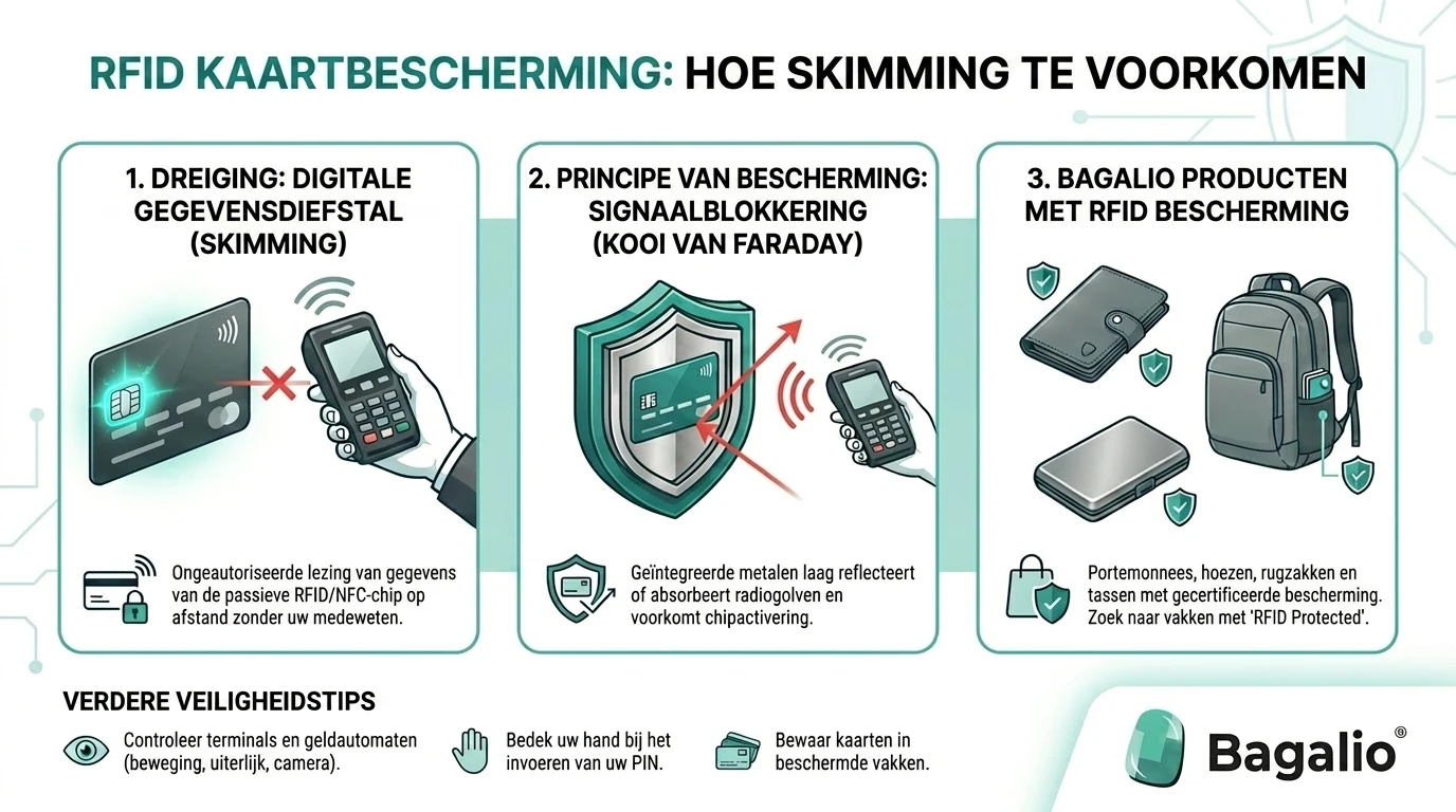 Infographic over RFID-kaartbescherming en het voorkomen van skimming, van Bagalio.