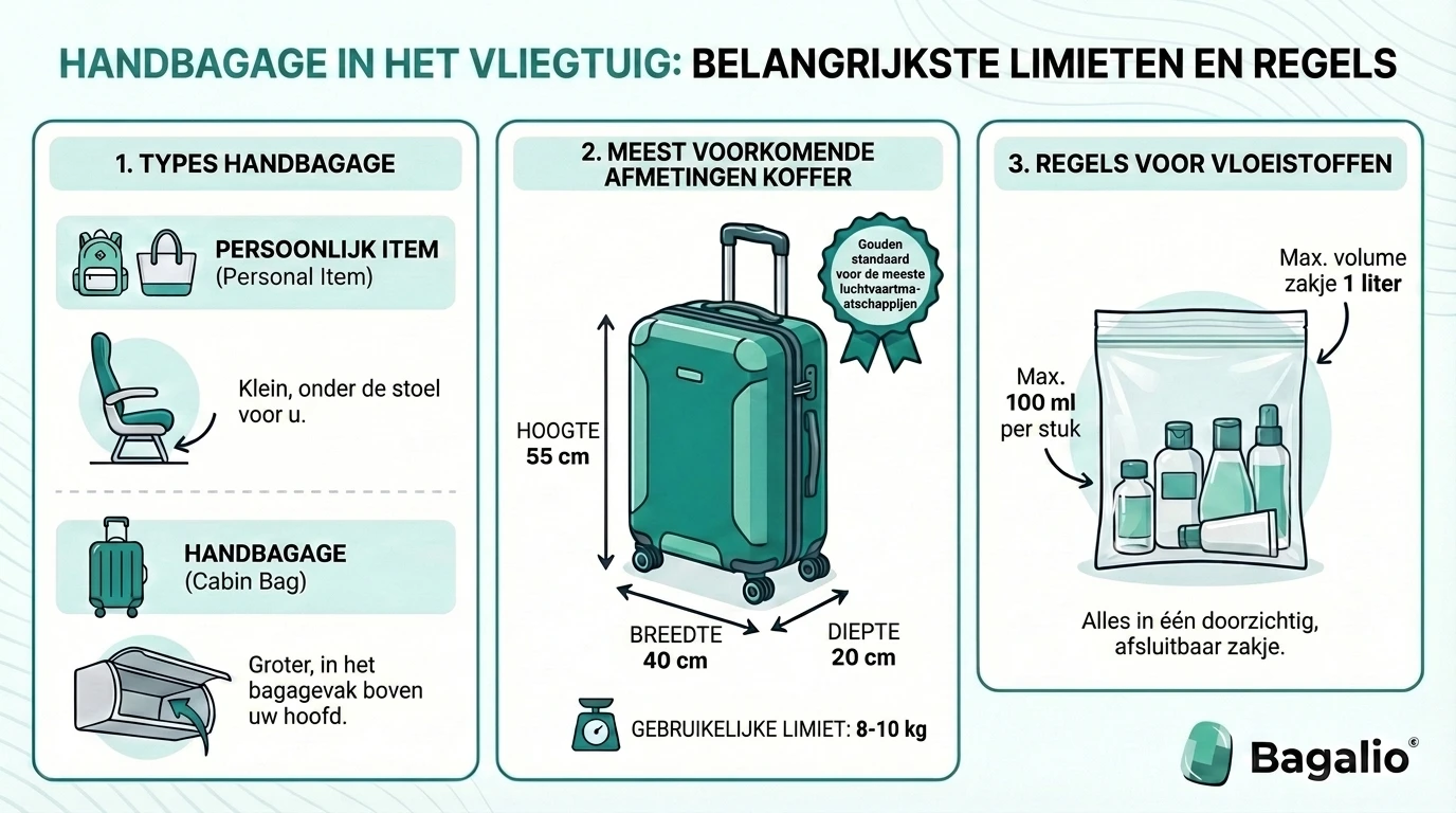 infographic: actuele tabel met de toegestane afmetingen en het gewicht van handbagage per luchtvaartmaatschappij