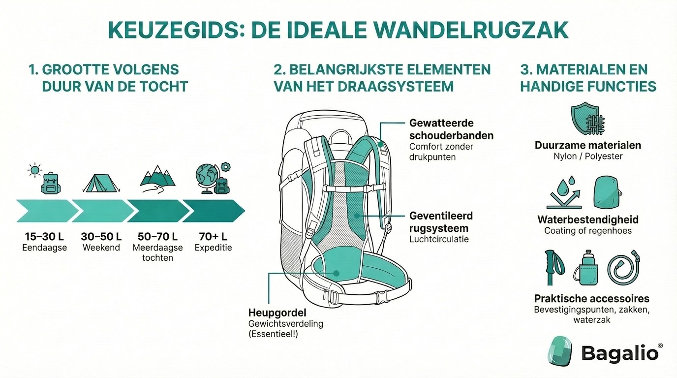 Infographic: hoe kies je de ideale trekkingrugzak – volume, draagsysteem en materiaal