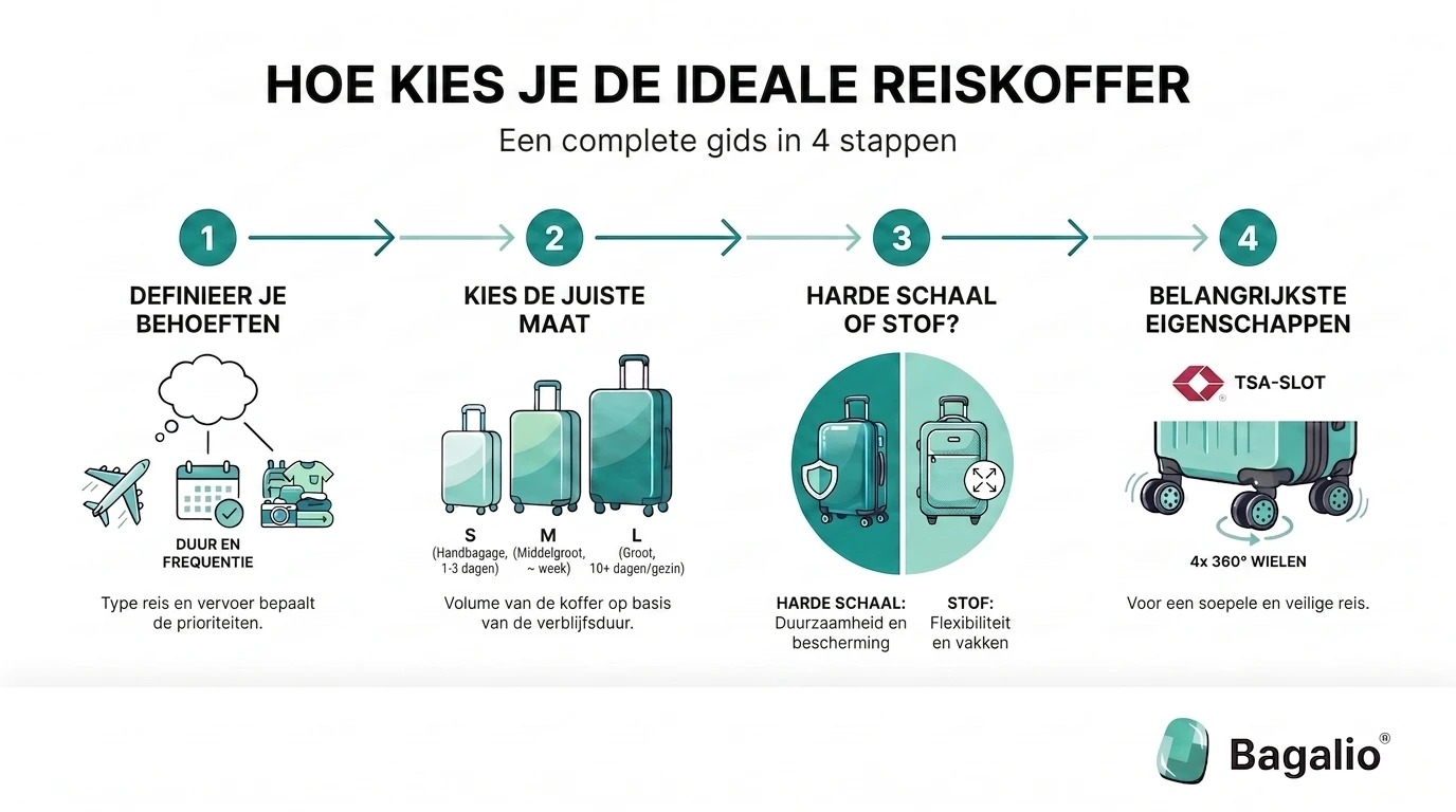 Infographic: hoe kies je een reiskoffer in 4 stappen – behoeften, formaat, materiaal en uitrusting