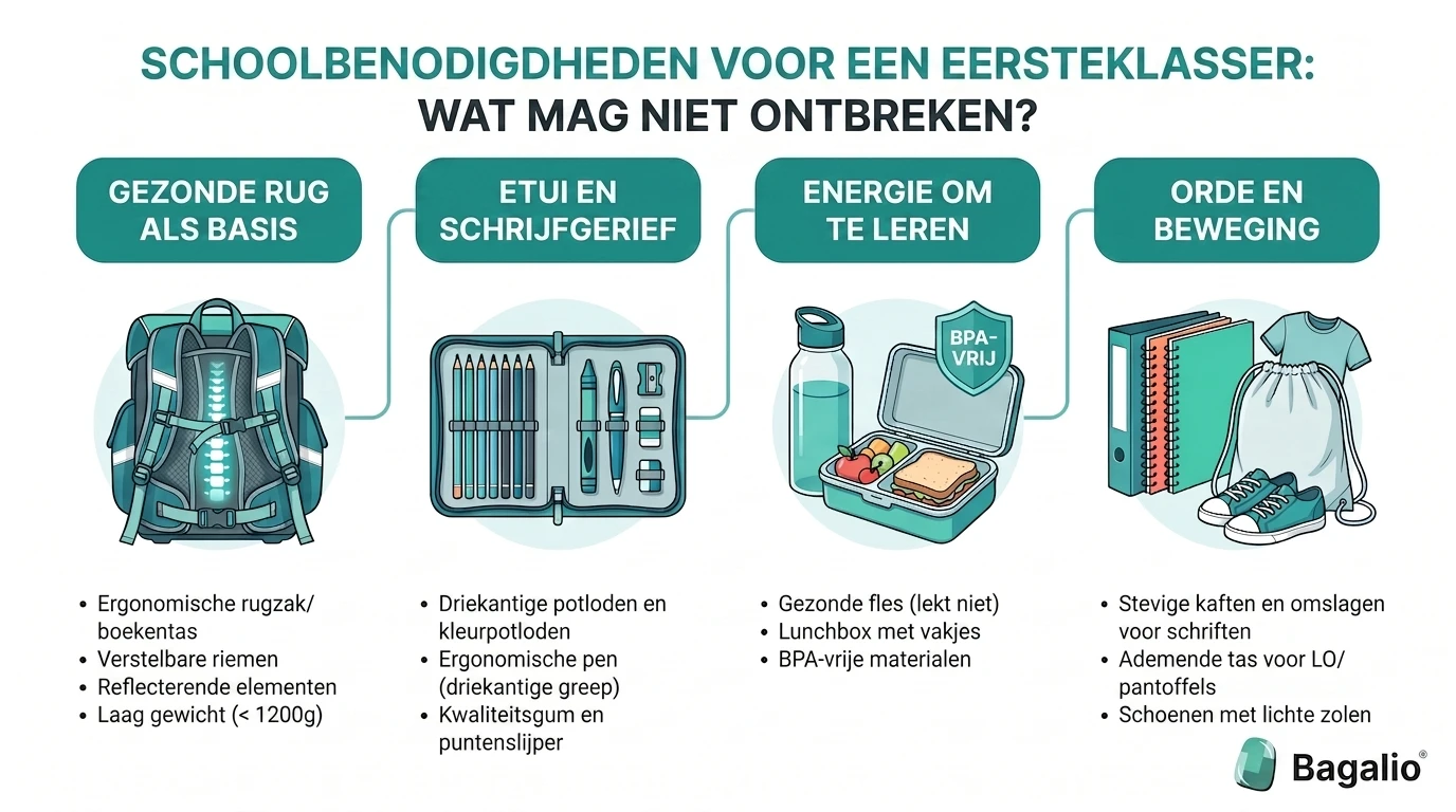 Infographic met een lijst van schoolspullen voor een eersteklasser