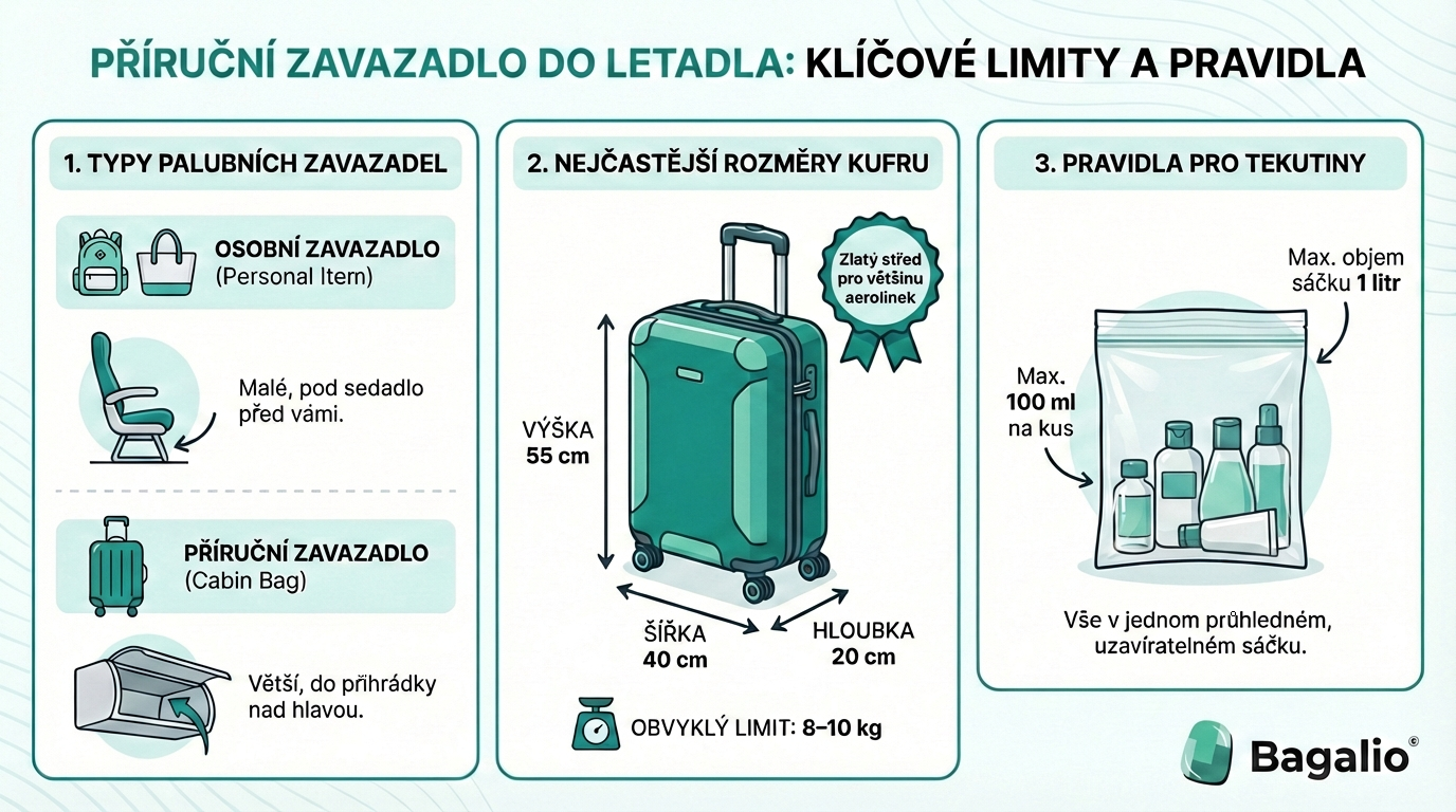 Infographic: Afmetingen van handbagage en regels voor vloeistoffen in het vliegtuig.